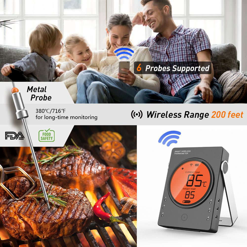 Smart Meat thermometer work with APP Long Range Timer for Smoker,Oven,Grill,Cook 2