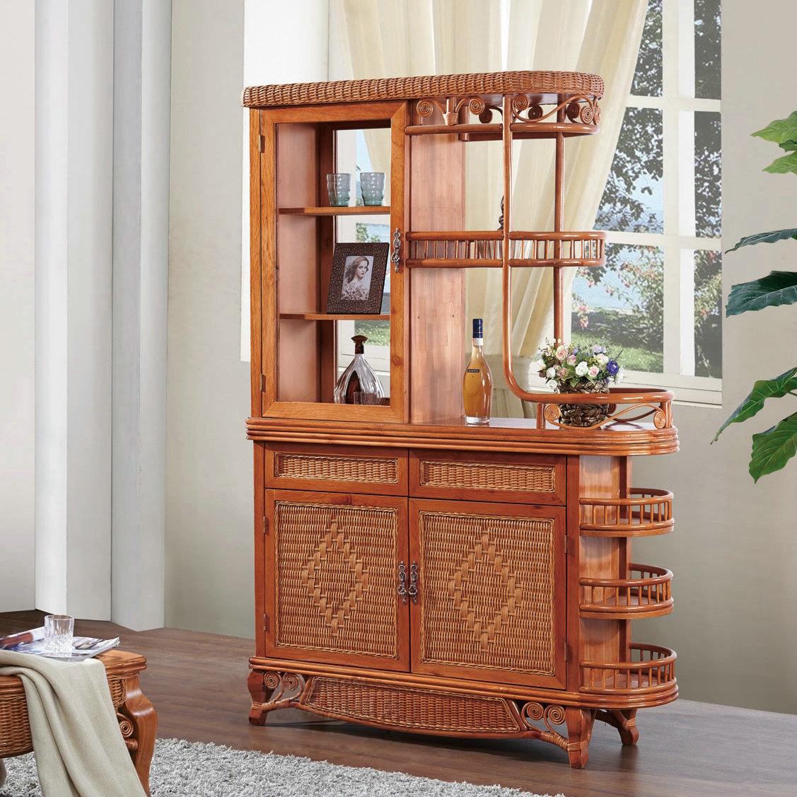 Living Room Rattan Wooden Partition Divider Wine Cabinet 