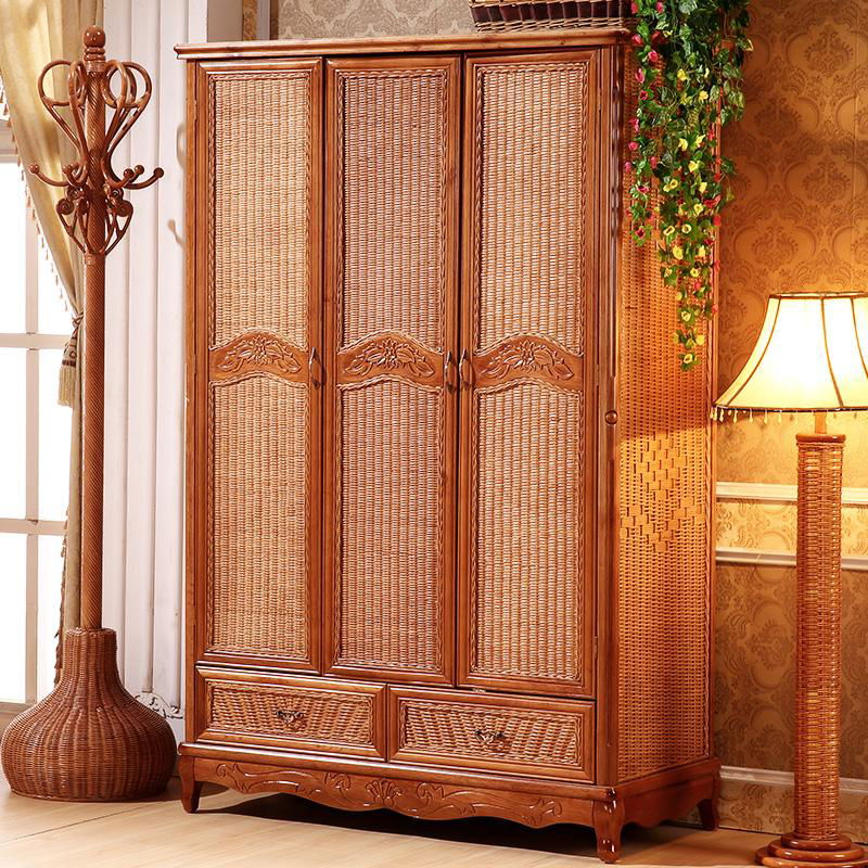 Antique Wardrobe Solid Wood Rattan Almirah Three Door Wooden Wardrobes 2