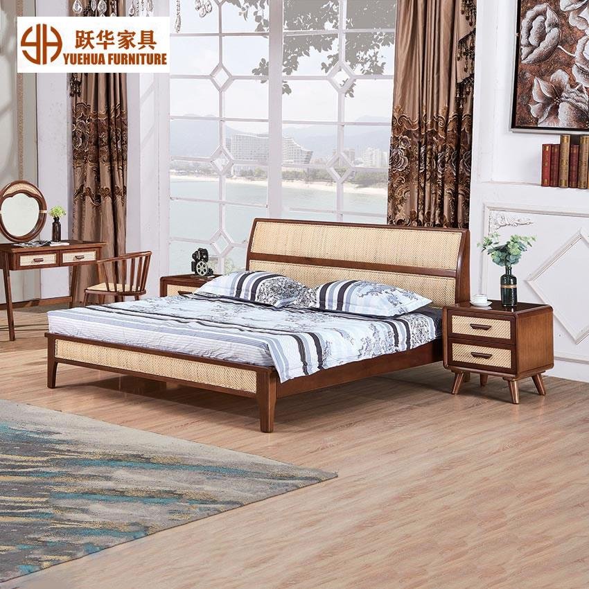 Nordic Solid Wood Bed Bedroom Furniture Rattan Wooden Double Bed