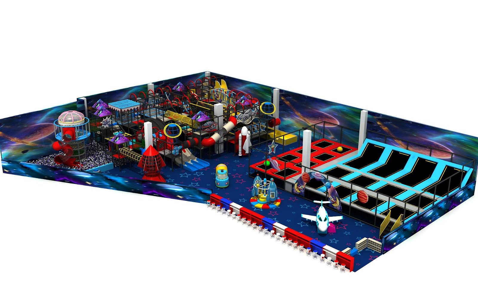 Space themed Children Amusement park with big slide and trampoline play area 1