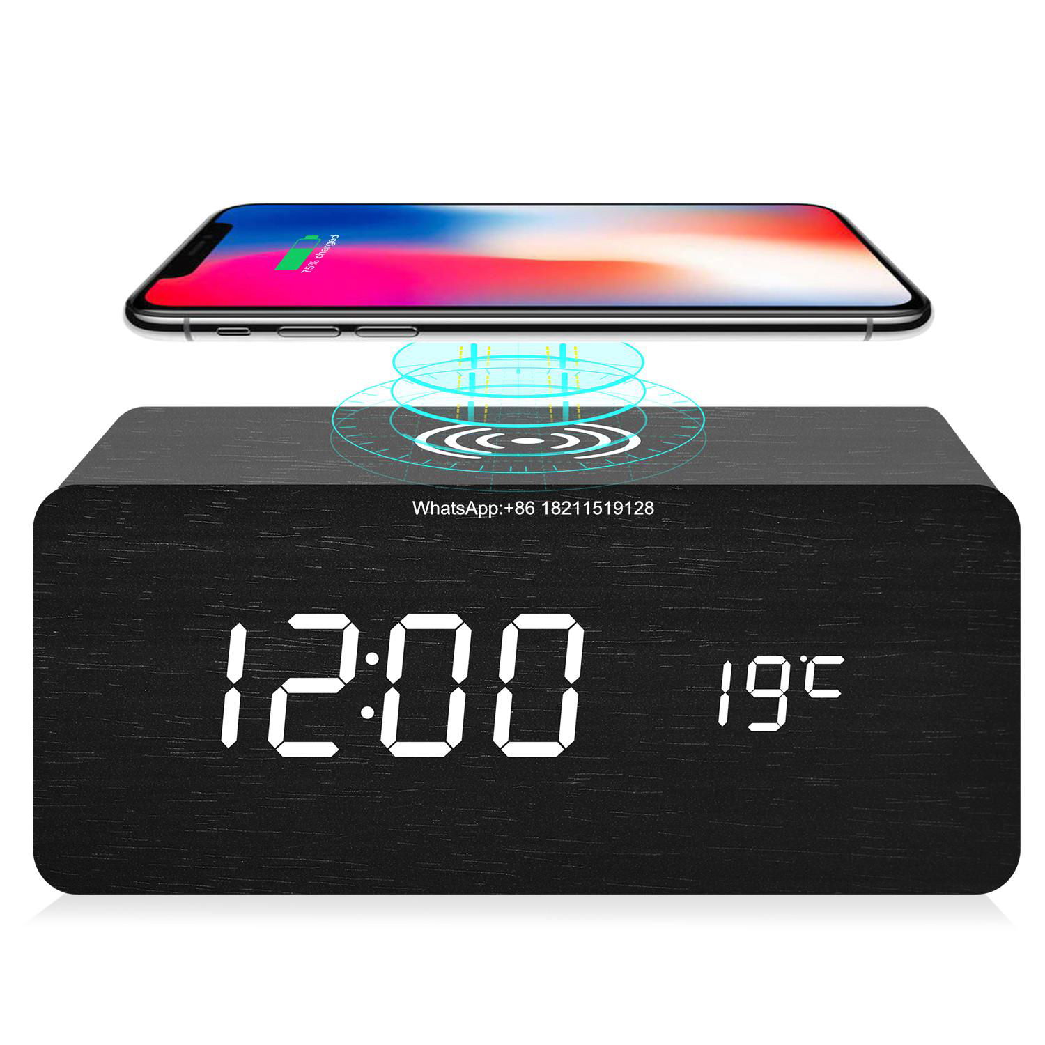 2020 New Desk Wireless Charger Digital Wooden  Alarm Clock With Temperature Disp
