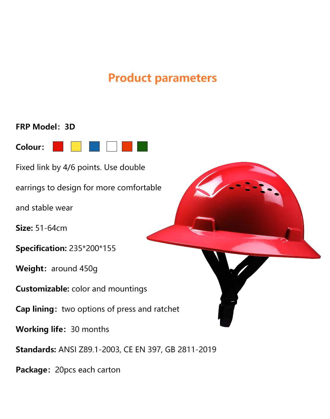 Safety Equipment FRP 3D Type Helmet with Air Holes Construction 2