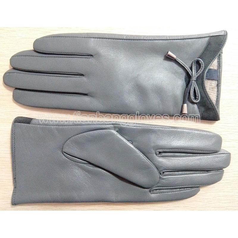 stylish grey women's lambskin glove with bowknot and arc-shaped cuff