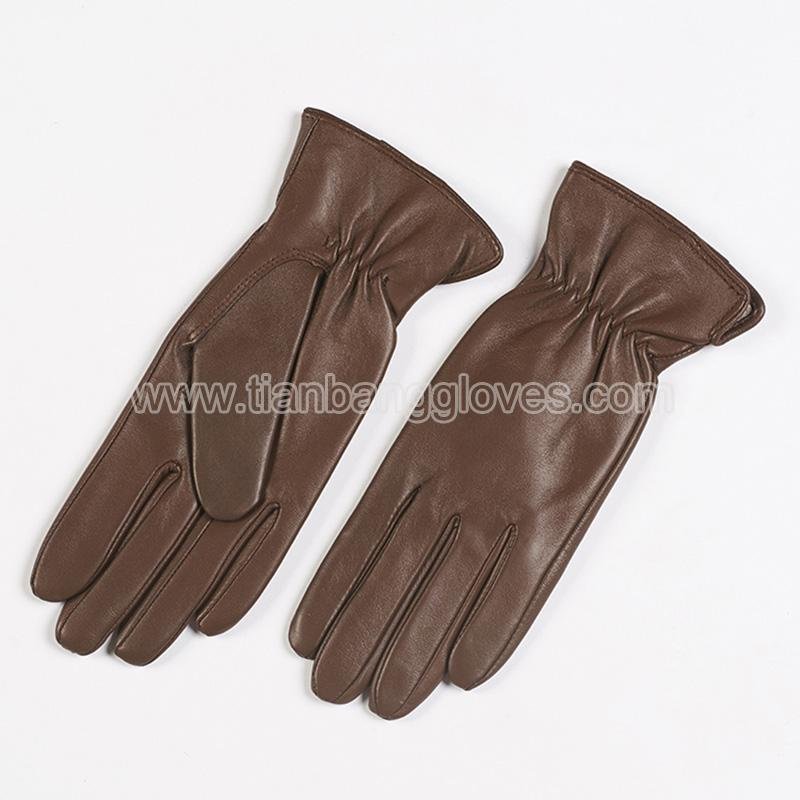 stylish brown women's plain leather glove with elastic snug cuff