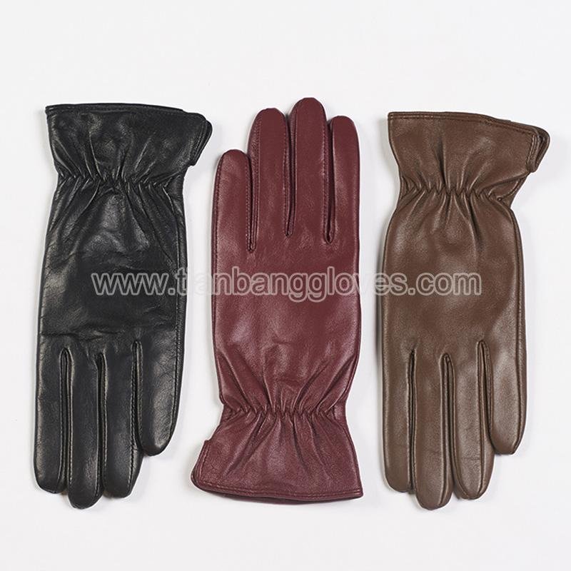 stylish brown women's plain leather glove with elastic snug cuff 4