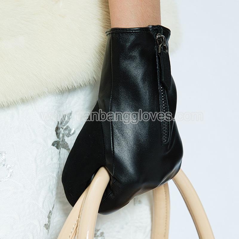 faux fur lined stylish women's leather glove with zipper 5