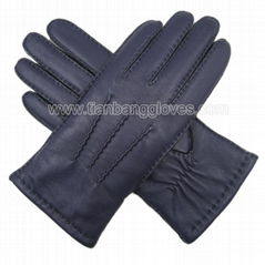 classic women's handmade navy leather glove with three points on back