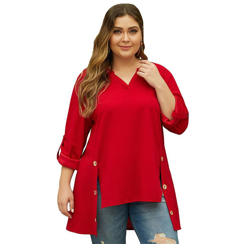 Women V Neck Tab Roll Up Sleeve Slits Plus Size Top