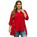 Women V Neck Tab Roll Up Sleeve Slits Plus Size Top 1