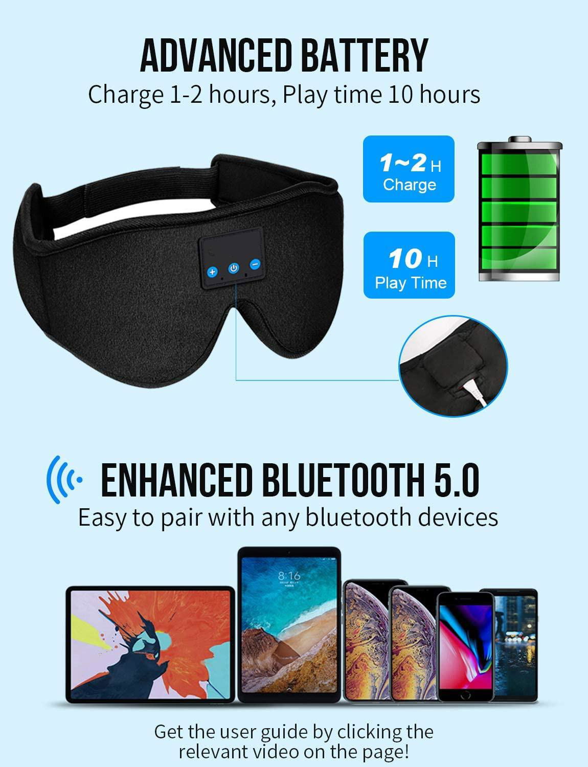 Bluetooth 5.0 Wireless Music Sleeping Eye Mask Ultra-Thin HD Speakers Headphones 2