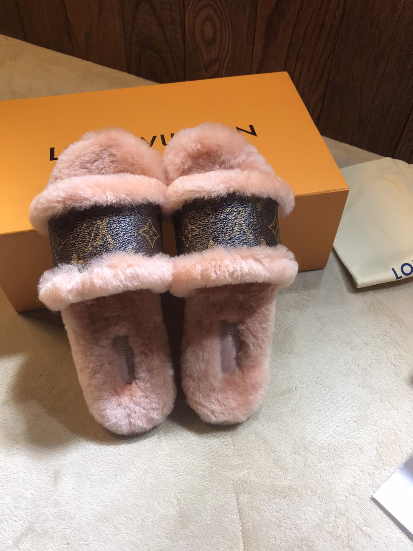 Louis Vuitton Lock It Flat Mule mink fur patent Monogram slides 