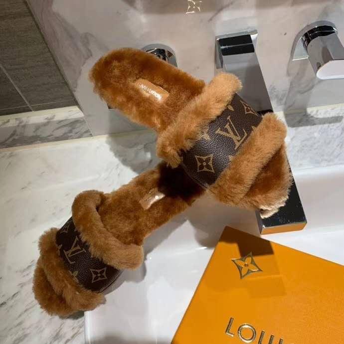 Louis Vuitton Lock It Flat Mule mink fur patent Monogram slides 