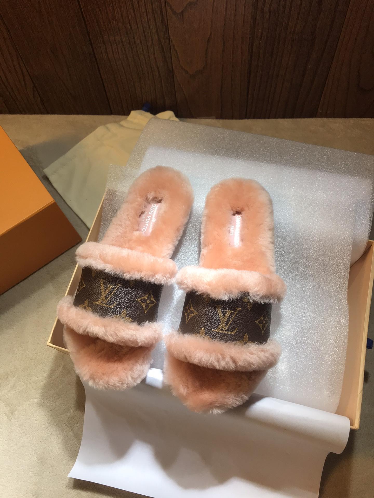 Louis Vuitton Lock It Flat Mule mink fur patent Monogram slides 