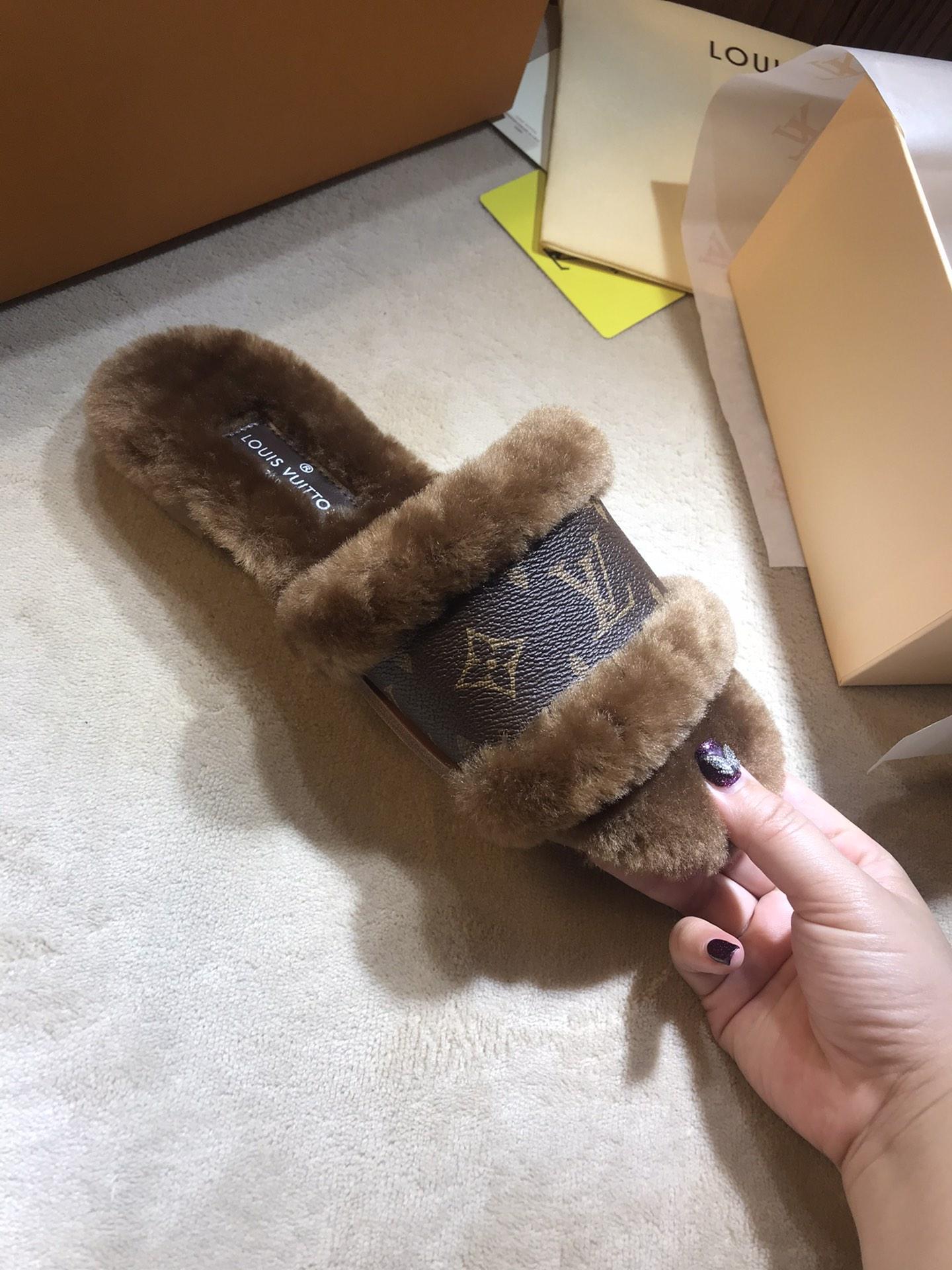 Louis Vuitton Lock It Flat Mule mink fur patent Monogram slides 