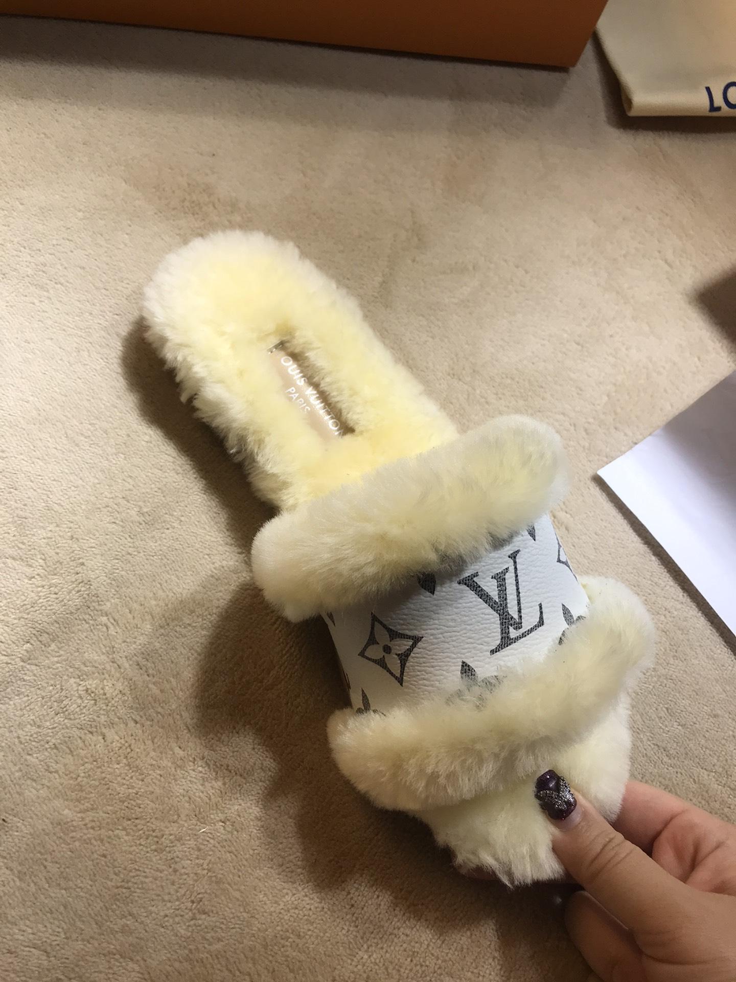 Louis Vuitton Lock It Flat Mule mink fur patent Monogram slides 