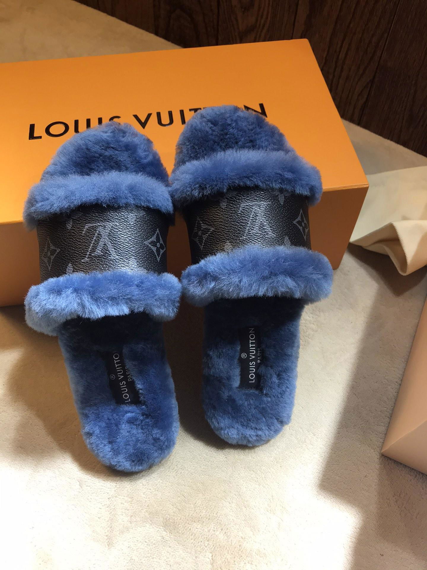 Louis Vuitton Lock It Flat Mule mink fur patent Monogram slides 