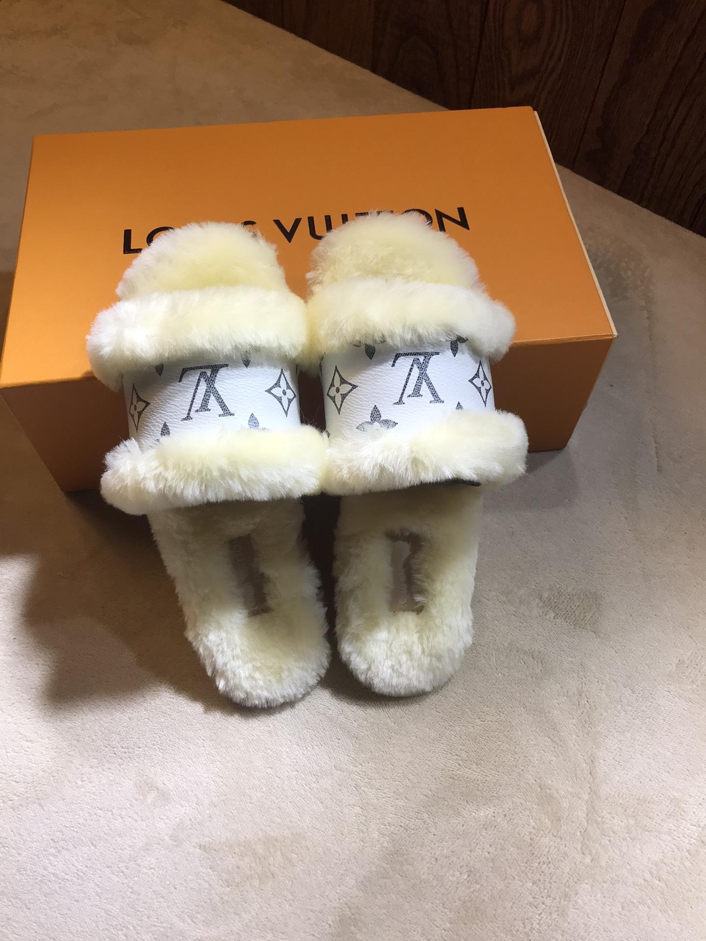 Louis Vuitton Lock It Flat Mule mink fur patent Monogram slides 