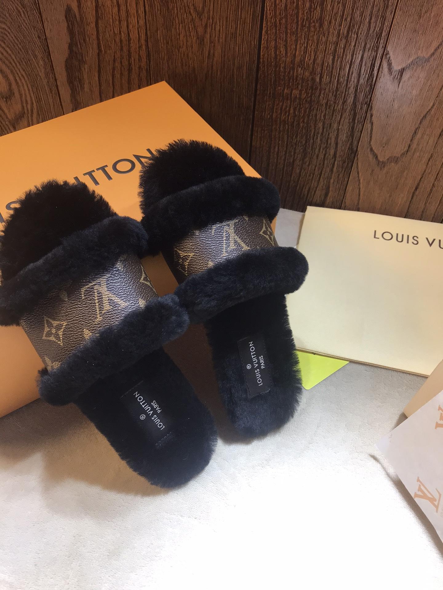 Louis Vuitton Lock It Flat Mule mink fur patent Monogram slides 