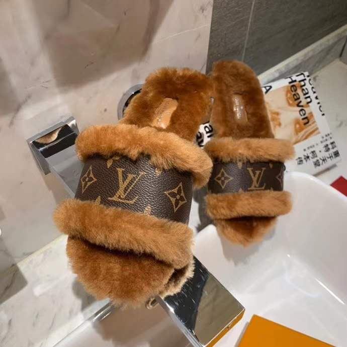 Louis Vuitton Lock It Flat Mule mink fur patent Monogram slides 