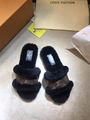 Louis Vuitton Lock It Flat Mule mink fur patent Monogram slides 