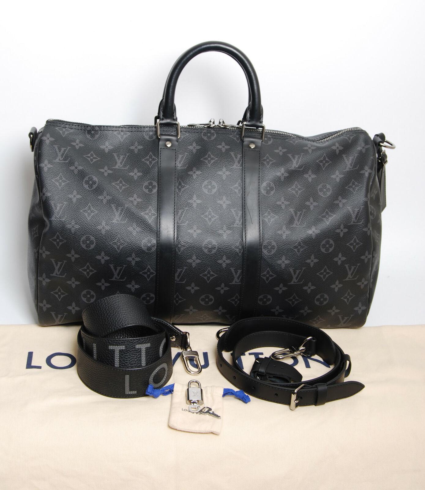 Louis Vuitton Keepall Monogram Travel Bag Eclipse Shoulder Strap Duffle Handbag 