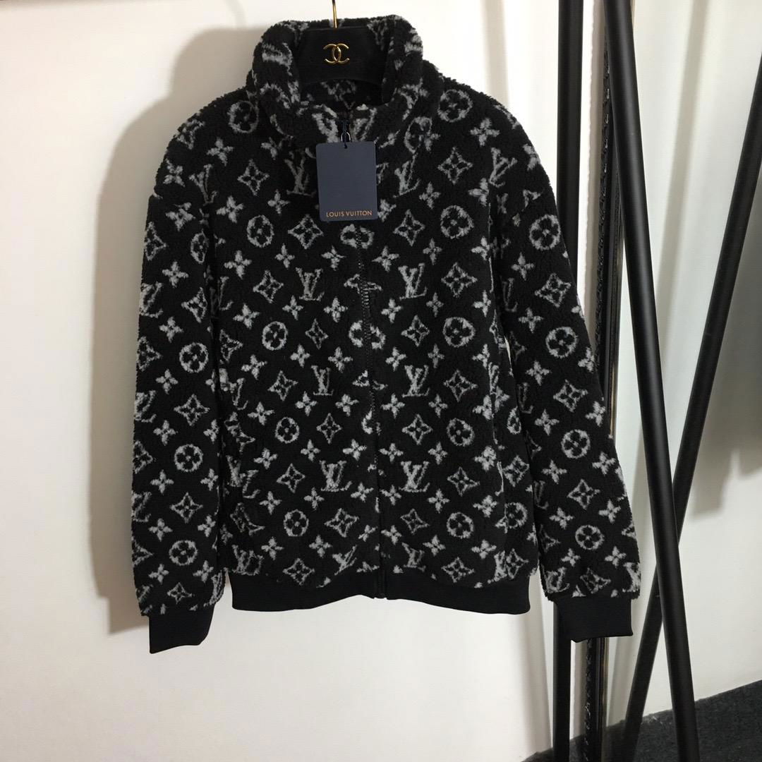               Black Monogram Jacquard Fleece Jacket     ipped coat