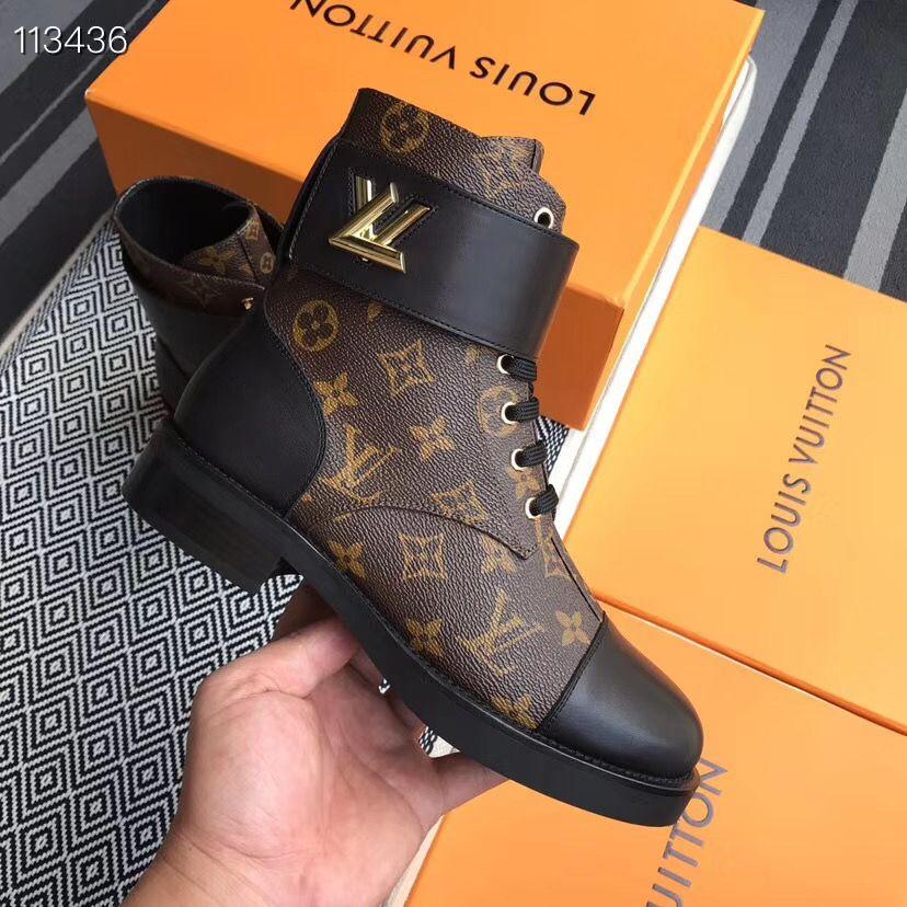 Louis Vuitton Wonderland Flat Ranger 1A2Q3N Patent Monogram lace up belt boot LV