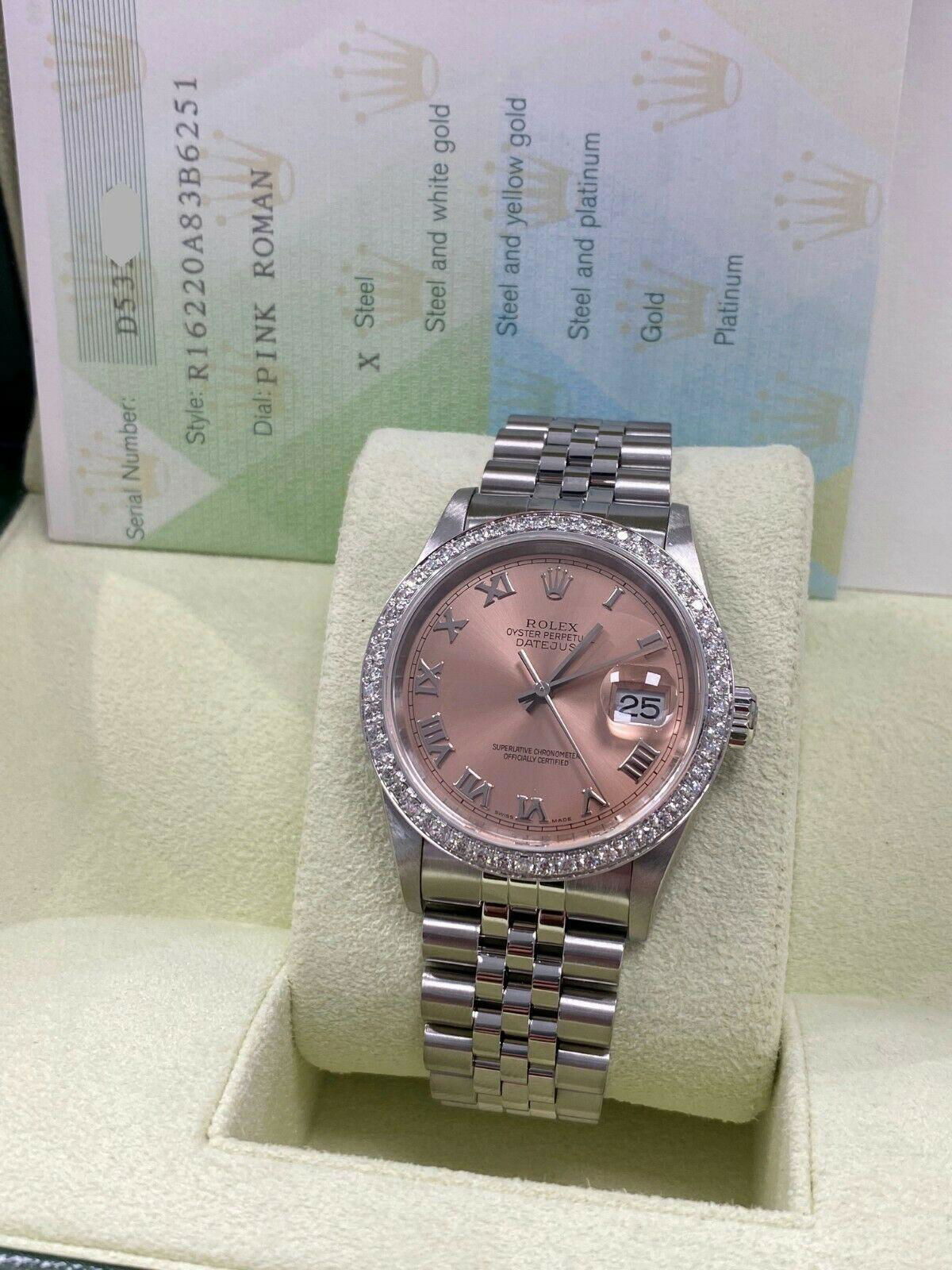 luxury Rolex Datejust 16220 Pink Dial Diamond Bezel Stainless Steel Box Papers