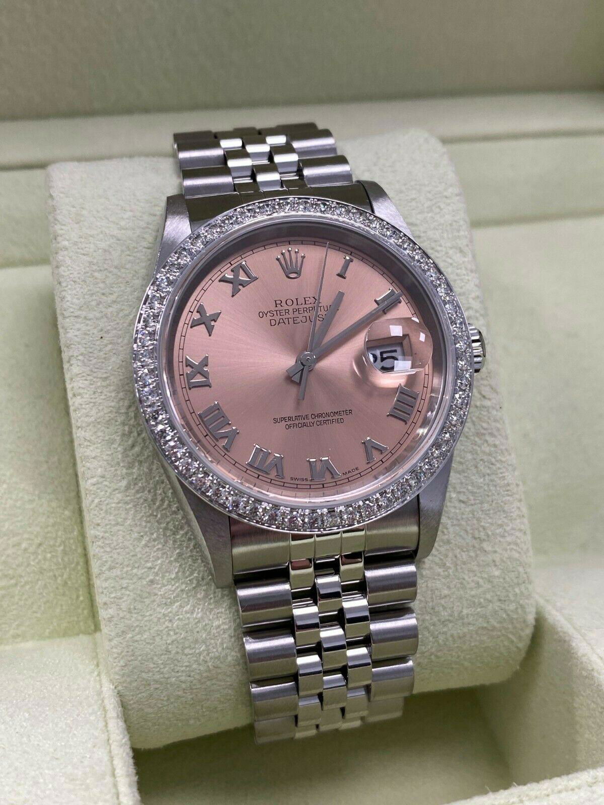 luxury Rolex Datejust 16220 Pink Dial Diamond Bezel Stainless Steel Box Papers 2