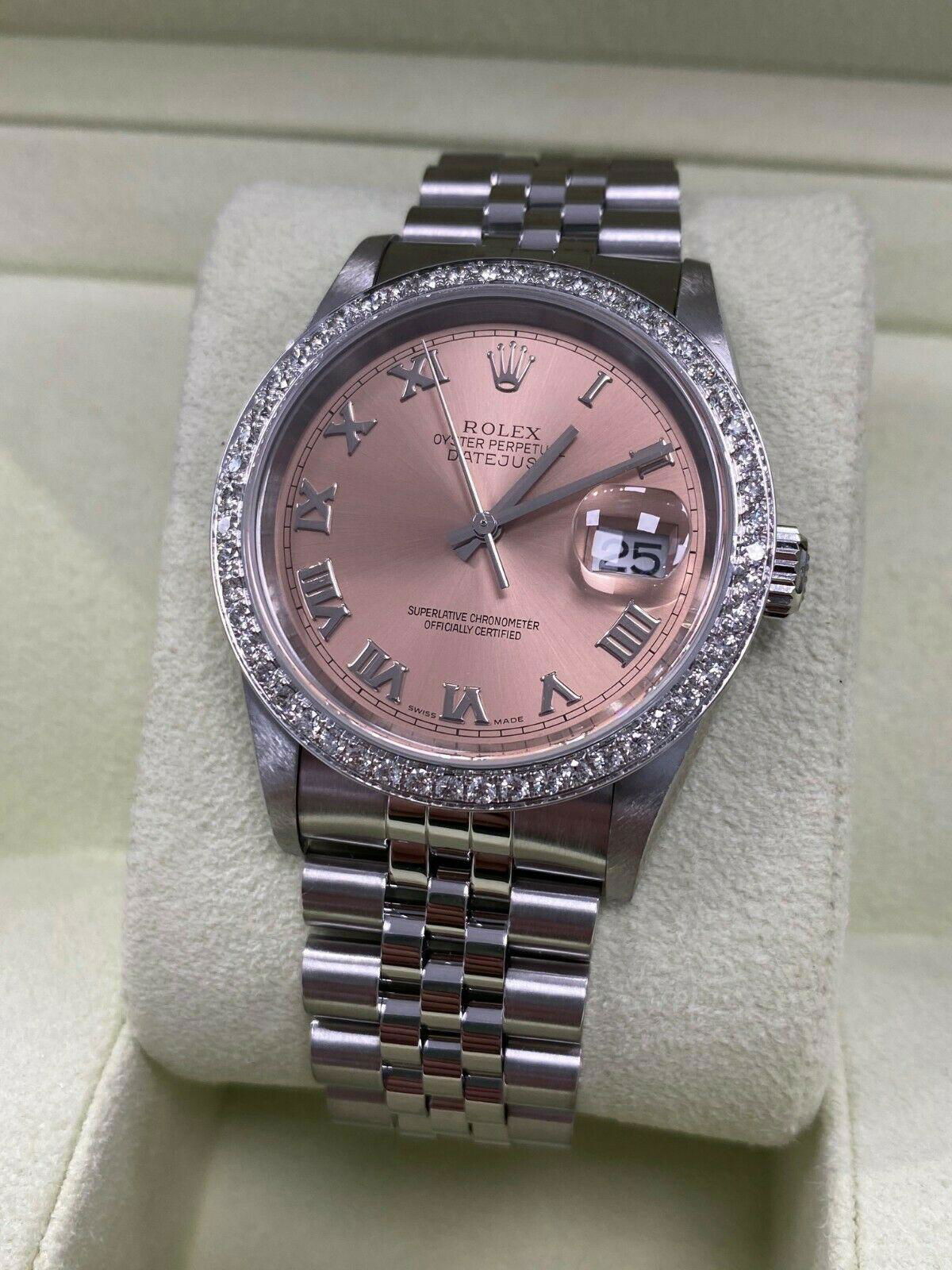 luxury Rolex Datejust 16220 Pink Dial Diamond Bezel Stainless Steel Box Papers 5