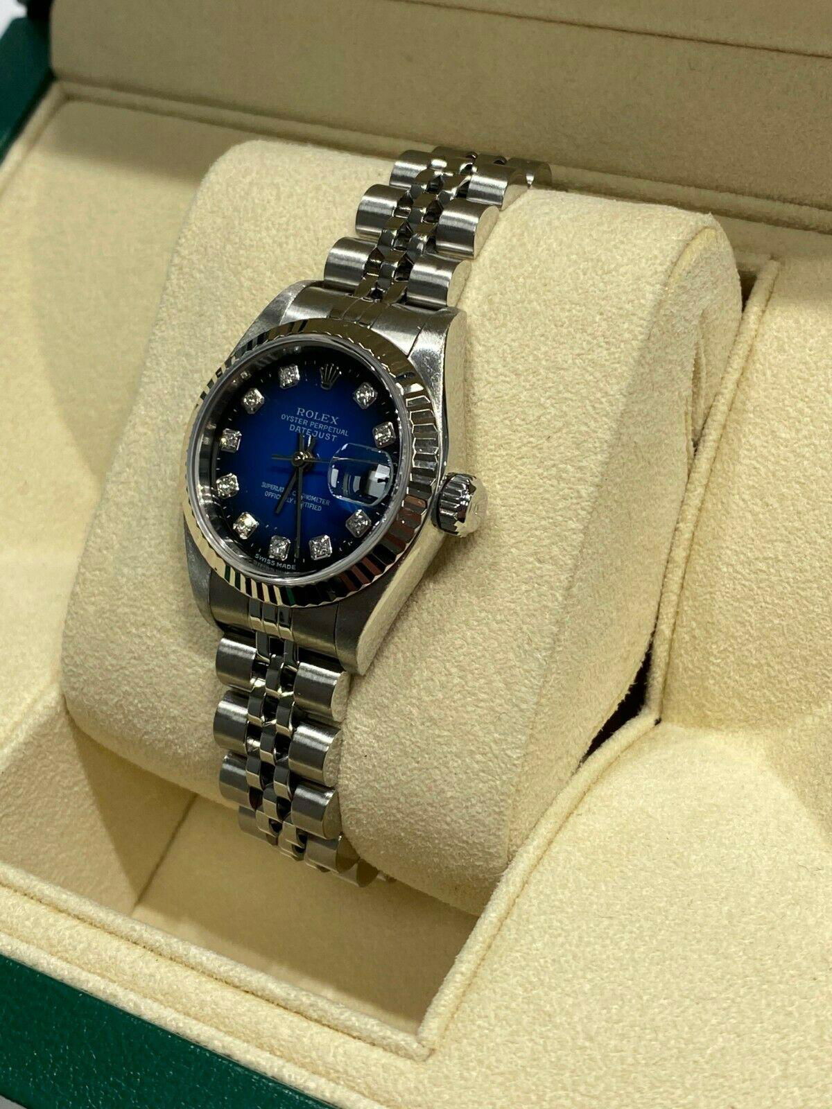 Rolex Ladies Datejust 79174 Blue Diamond Dial Stainless Steel Box Papers 2002