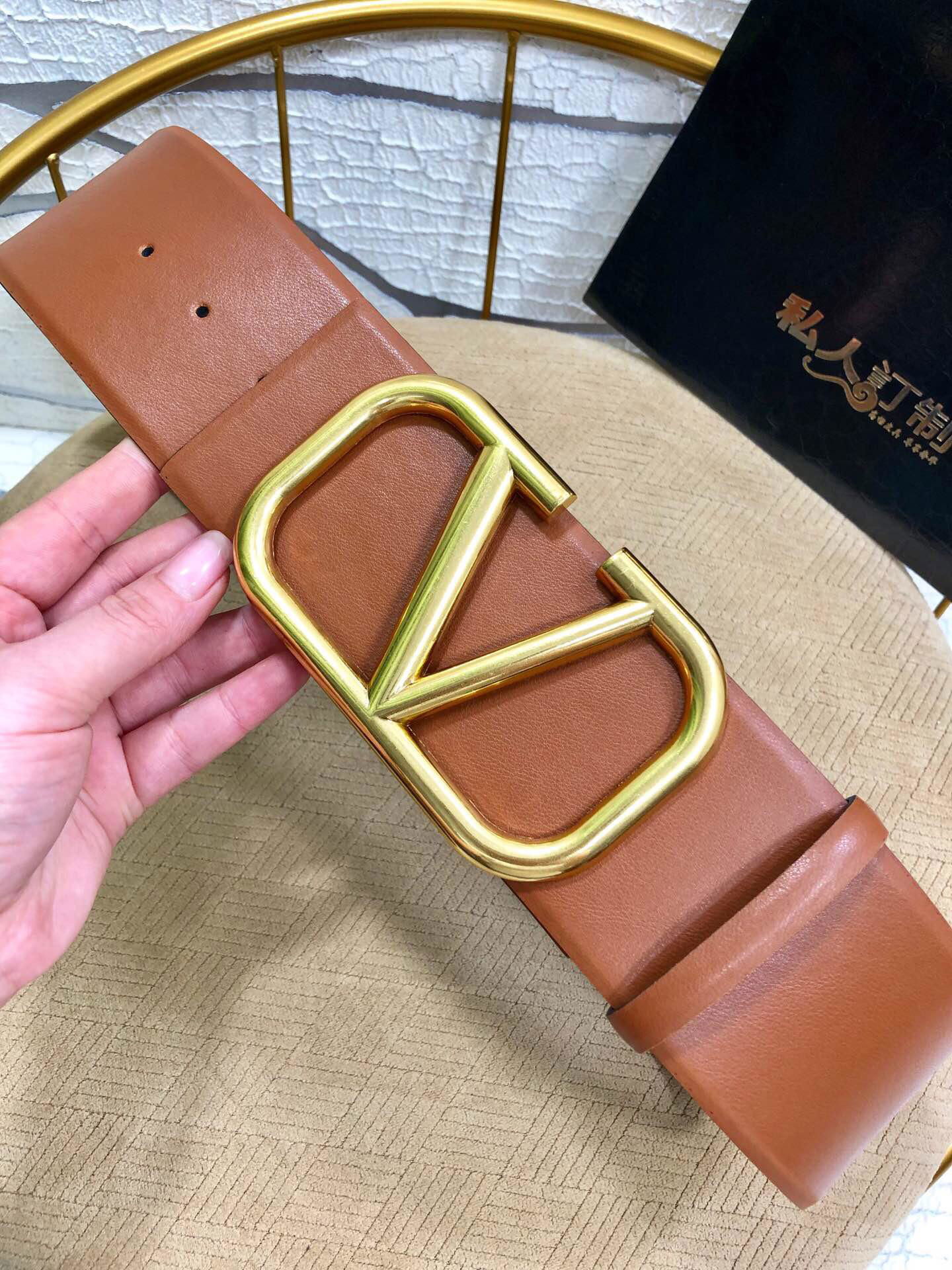          VLOGO reversible leather belt Vee Ring belt 7 cm big width waist belt 