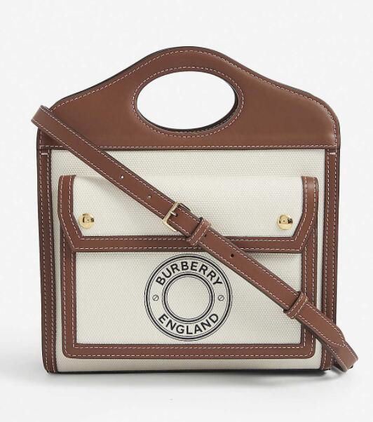 BURBERRY Pocket mini logo print canvas and leather top handle bag