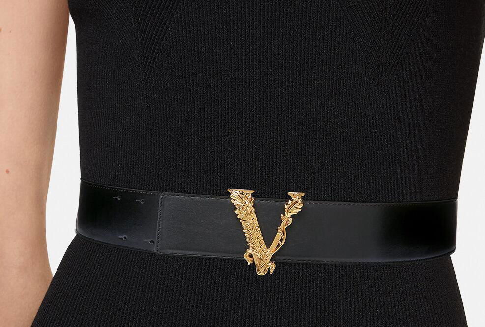         House's iconic Virtus hardware in gold-tone adorns the buckle belt