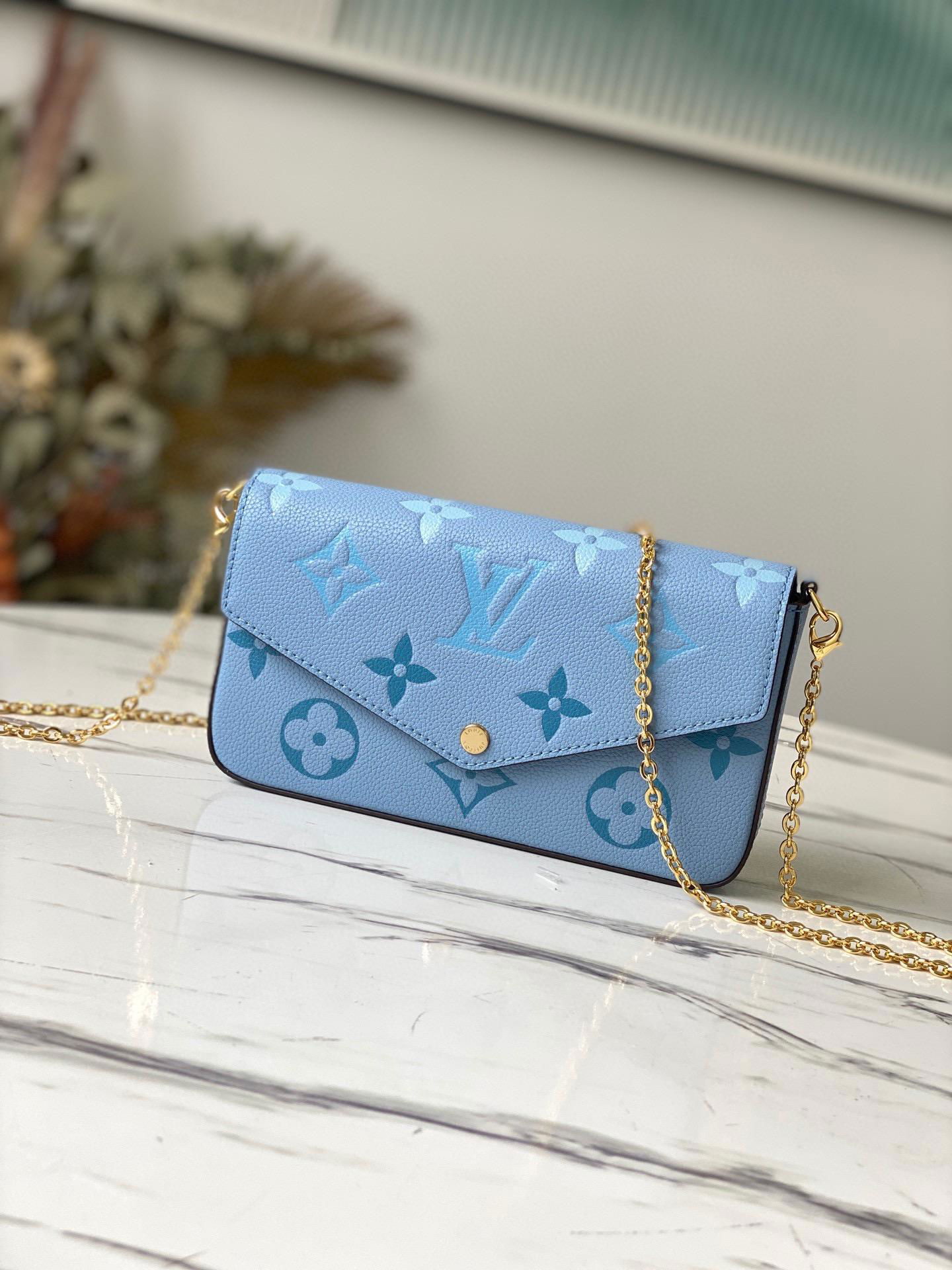               Felicie Pochette Blue Monogram leather Chain envelope bag clutch 