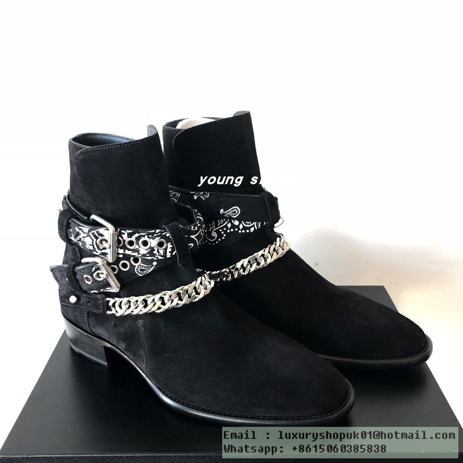 AMIRI Black Bandana Buckle Boots Men Ankle high suede boots  