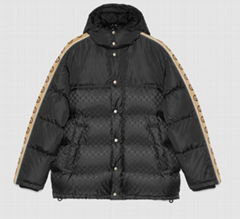 GG Jacquard Taped Sleeve Logo Down Jacket Black Men jacquard nylon padded