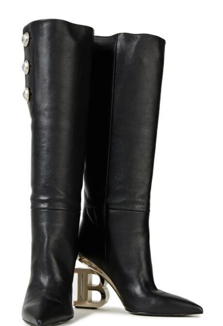 BALMAIN Nelly embellished textured-leather knee boots Women Nelly Logo Heel Boot 2
