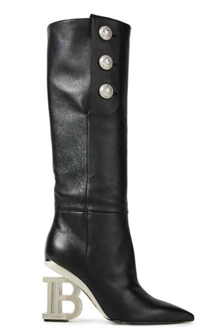 BALMAIN Nelly embellished textured-leather knee boots Women Nelly Logo Heel Boot