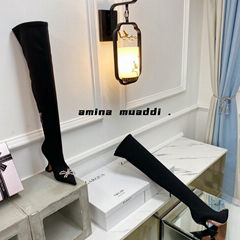 Amina Muaddi Satin Bow over knee Heel boots