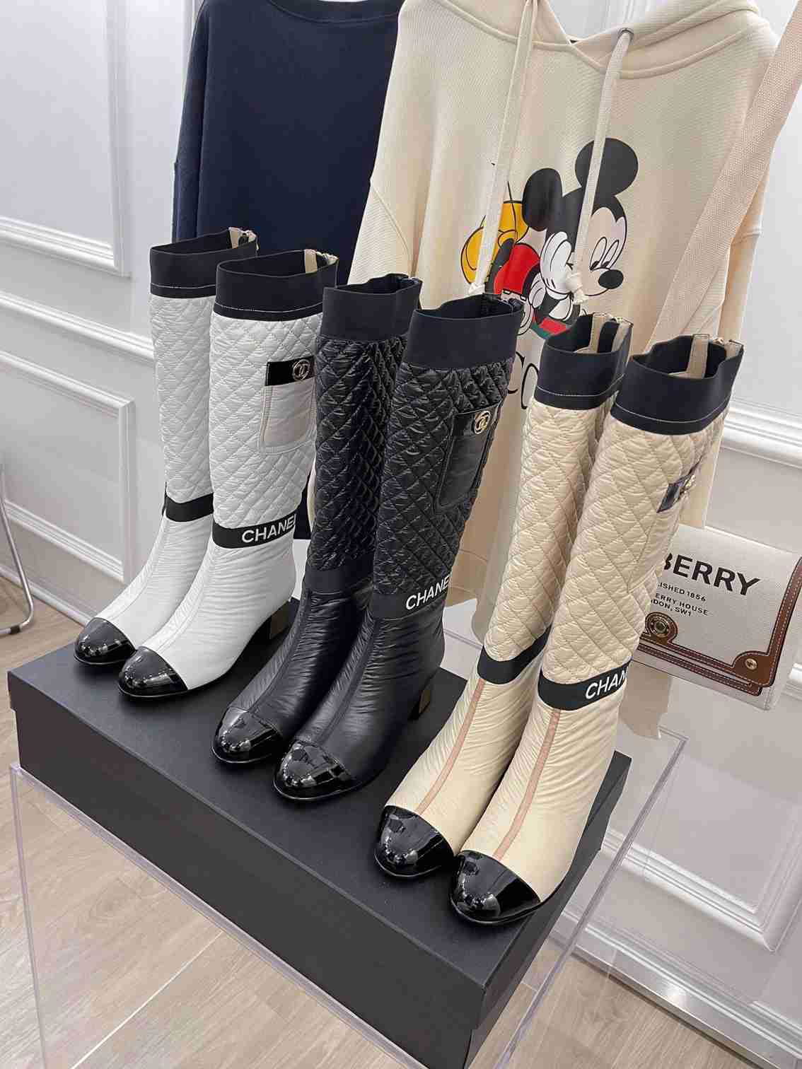 Women CC Mixed Fibers Lambskin Patent Calfskin White & Black over the knee boot