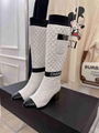 Women CC Mixed Fibers Lambskin Patent Calfskin White & Black over the knee boot