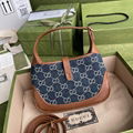 Gucci Jackie 1961 mini shoulder bag GG jacquard denim Brown leather trim bag 