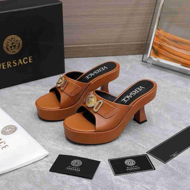 Versace Women's Medusa Biggie Block Heel Platform Mules Fashion Leather sandals 