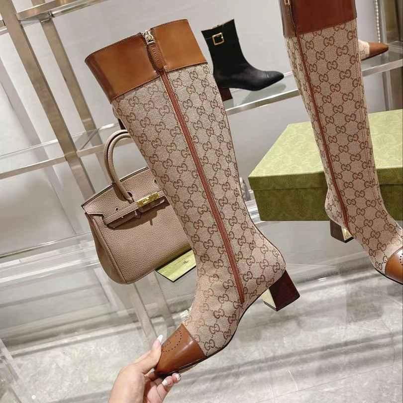       Ellis GG-monogram canvas knee high boots in beige and ebony GG canvas 2