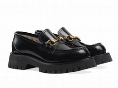       Leather lug sole Horsebit loafers Women platform slip on shoes