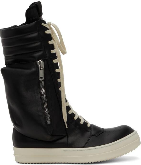 RICK OWENS Black Cargobasket Sneakers High-top grained calfskin sneakers boots