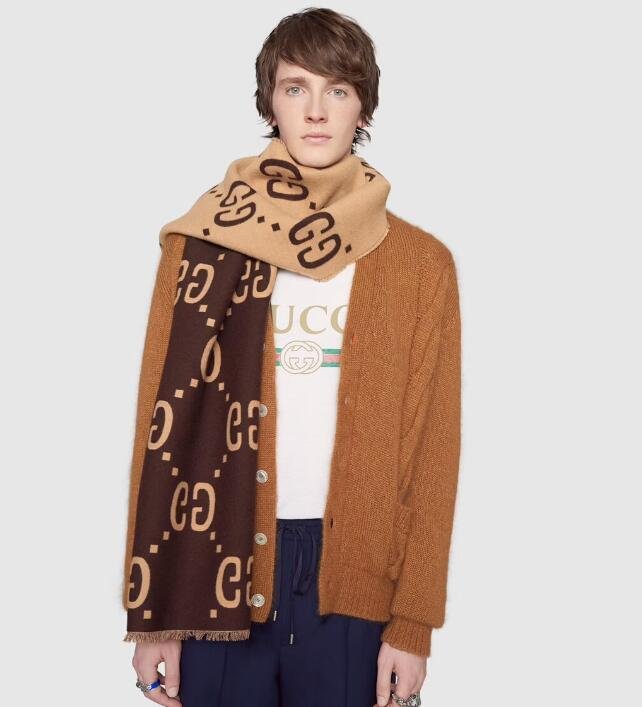       GG jacquard wool silk scarf men oversized wool silk scarf brown beige