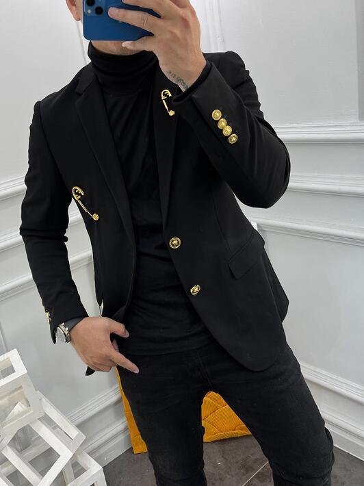               Men Safety Pin Suit         black wool gold Medusa blazer Jacket 2